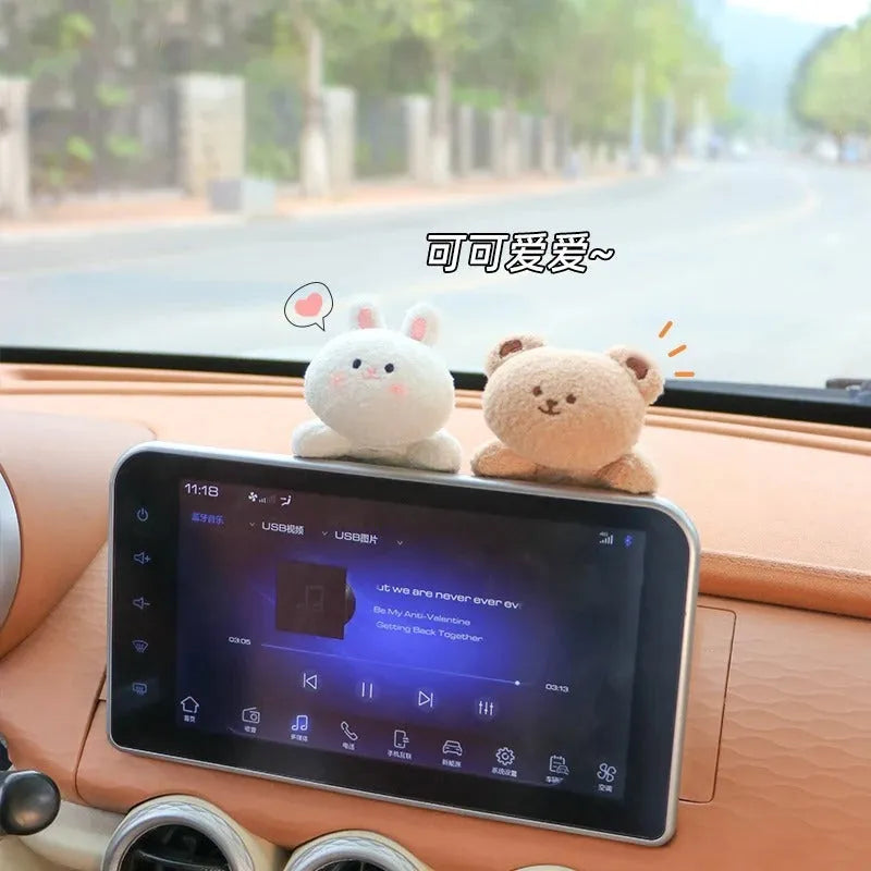 Fabric plush doll car console decoration in bear or rabbit cartoon designs