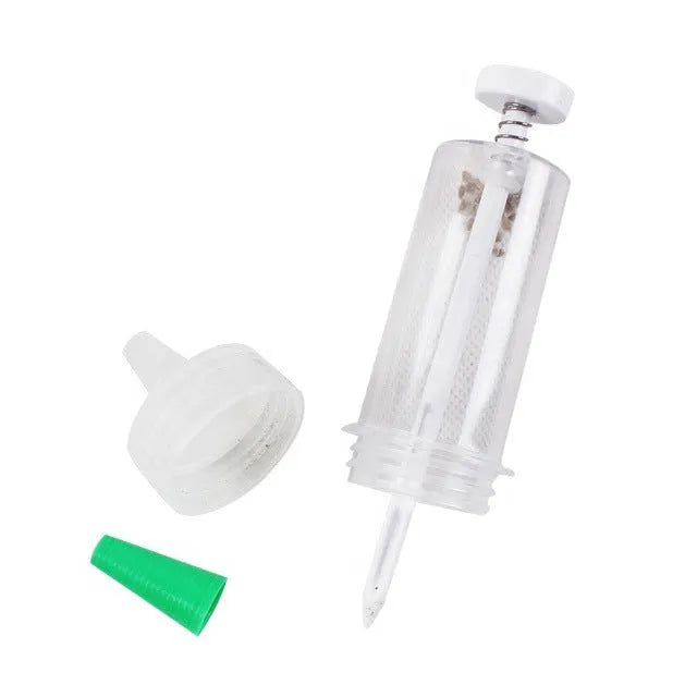 12cm long plastic mini garden seeder tool with button mechanism for container planting