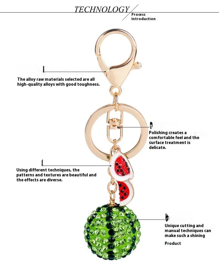 Green zinc alloy watermelon slice keychain measuring 12cm in length.