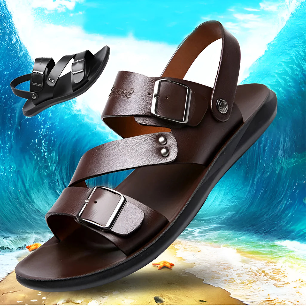Pair of men's casual leather sandals with buckle fastening and open toe, shown in black or brown.