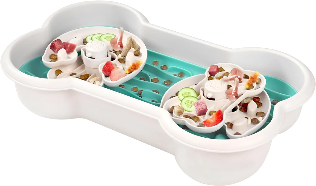 Large green three-tier slow feeder dog bowl with rotating puzzle trays and anti-slip suction cups.