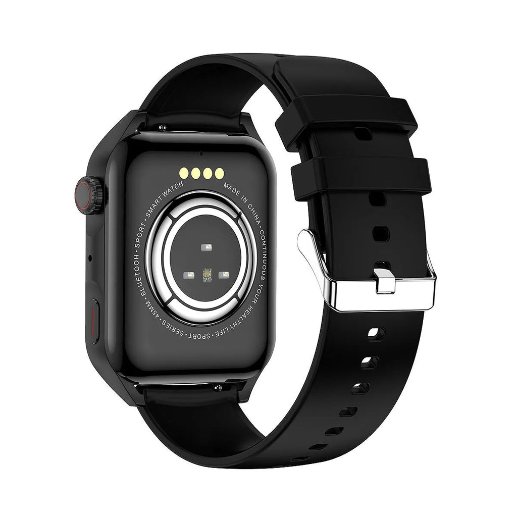AMOLED smart watch with 1.8 inch display in black colour with silicone wrist strap