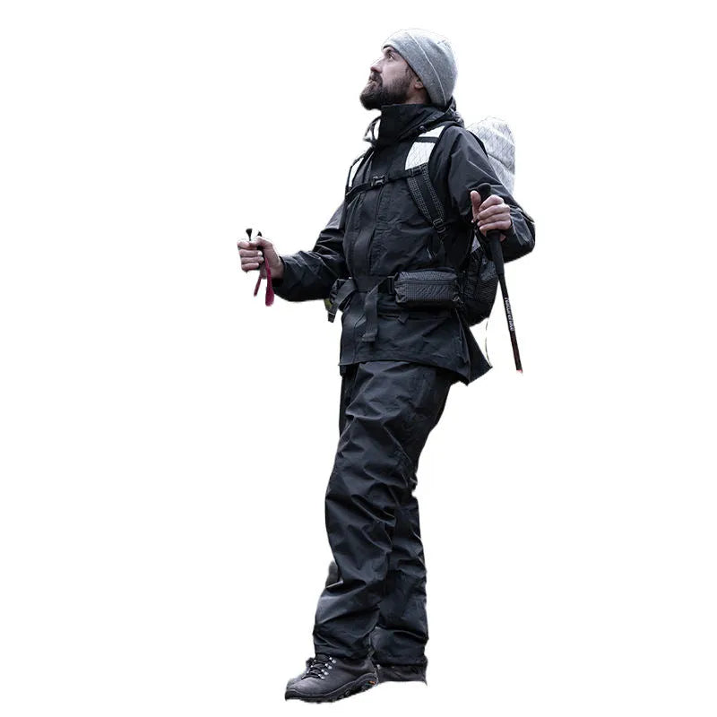 Black polyester outdoor hiking pants, windproof and rain trousers, sizes M to XXL