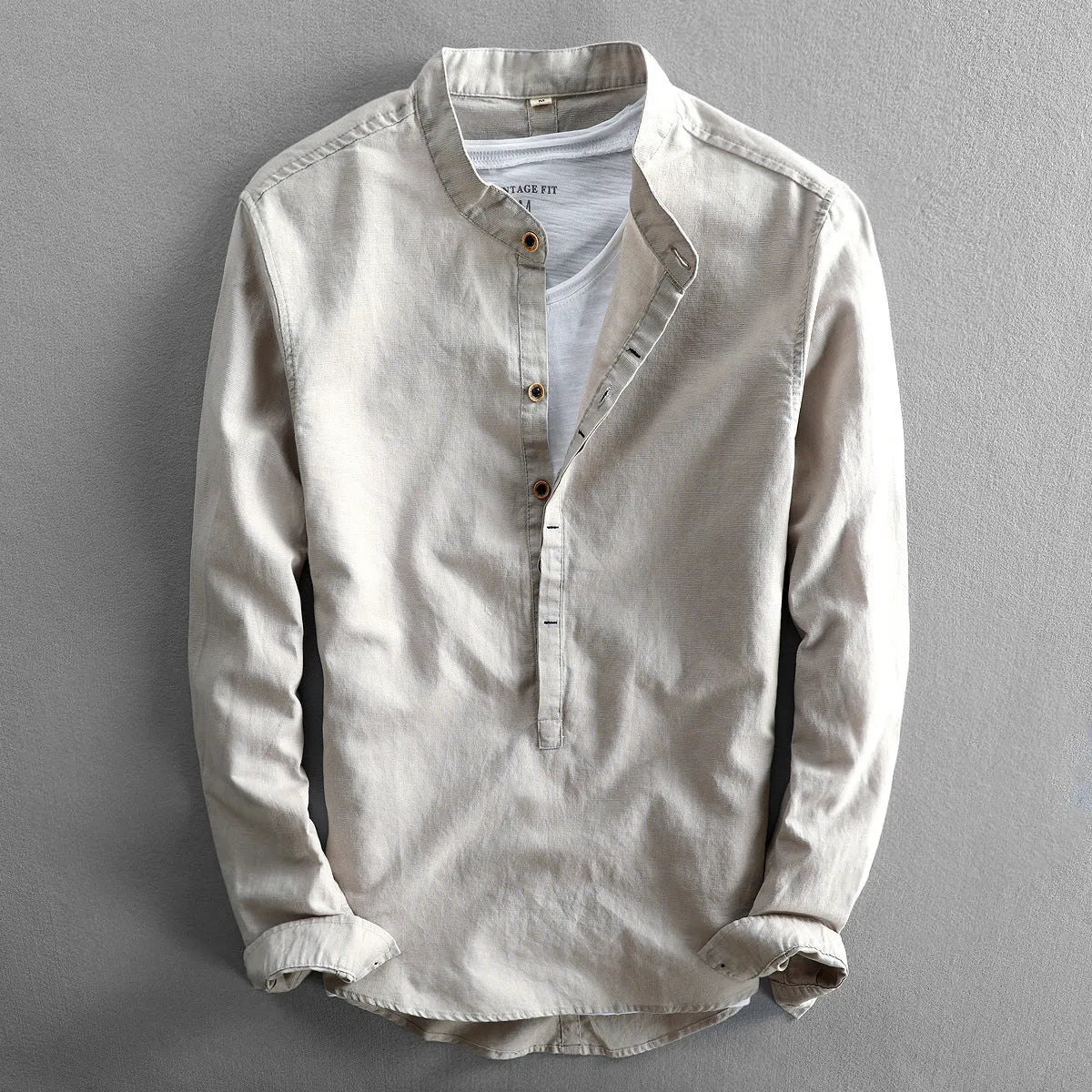 Men's casual long linen sleeves shirt loose solid colour light gray front view