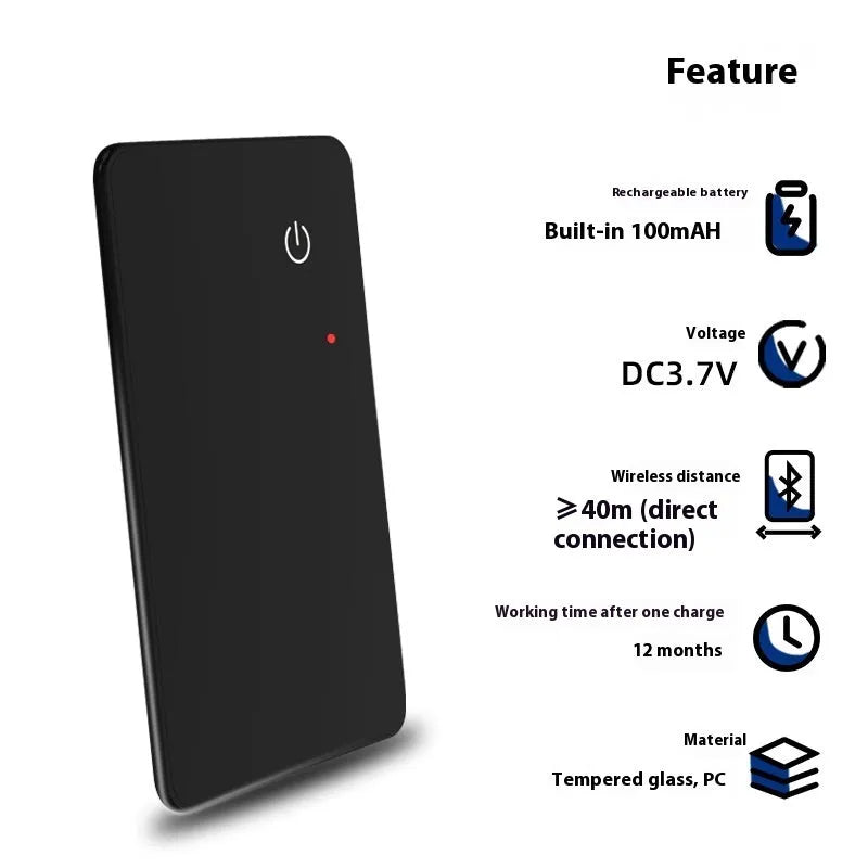 Black pet tracking card with wireless charging, 85mm by 54mm dimensions and hanging hole for collar attachment