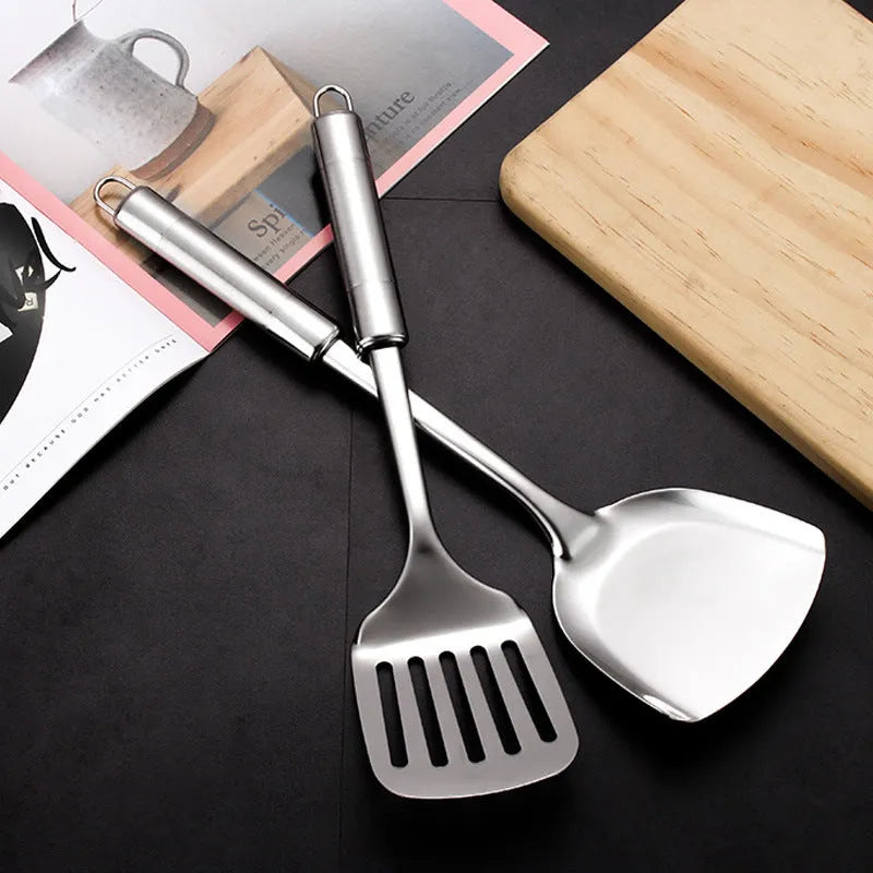 6 piece stainless steel kitchenware set with anti-scalding design, including shovel, spoons and colander