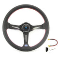 Leather-wrapped 14-inch steering wheel with concave centre and silver metal skeleton frame