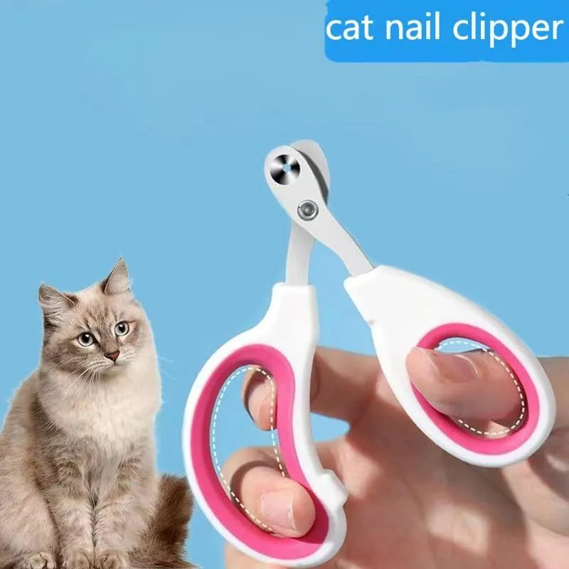 Blue cat nail clippers with circular cut hole design and cushioned non-slip handles.