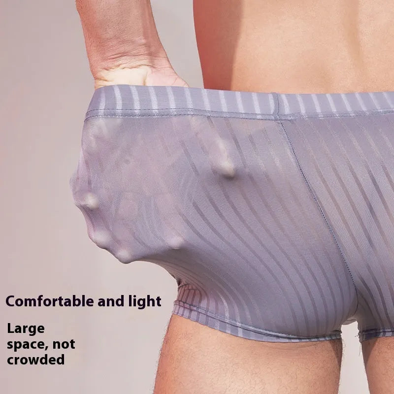 Men's striped lightweight nylon underwear in black, shown flat.