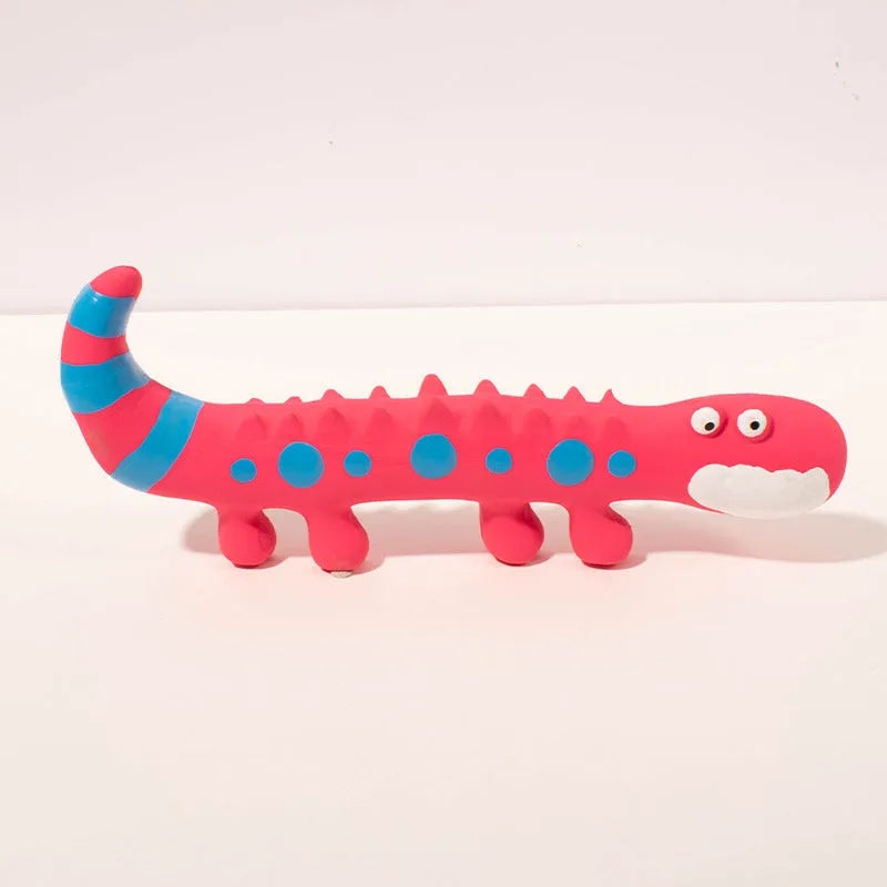 Green cartoon lizard-shaped dog chew toy with squeaker on a white background.