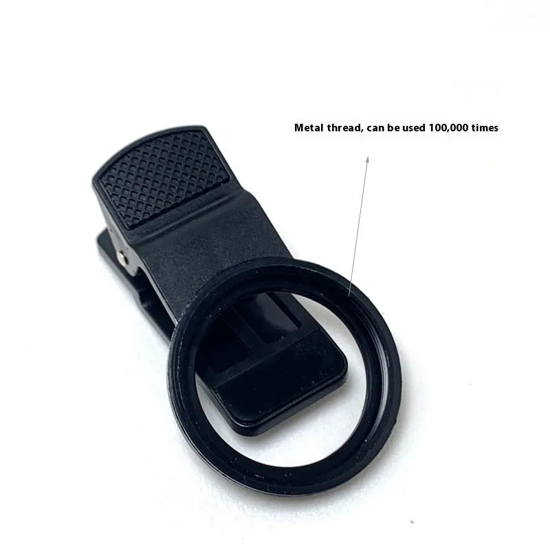 37mm universal clip phone lens filter adapter with golden or black spiral teeth and large hole for screw-on filters.