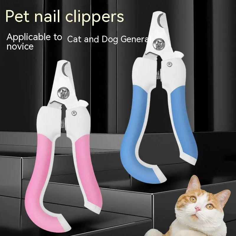 Pet nail scissors with stainless steel cutter head and curved handle in blue or pink, small or large size