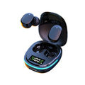 Black true wireless Bluetooth in-ear headphones and charging case with digital display.