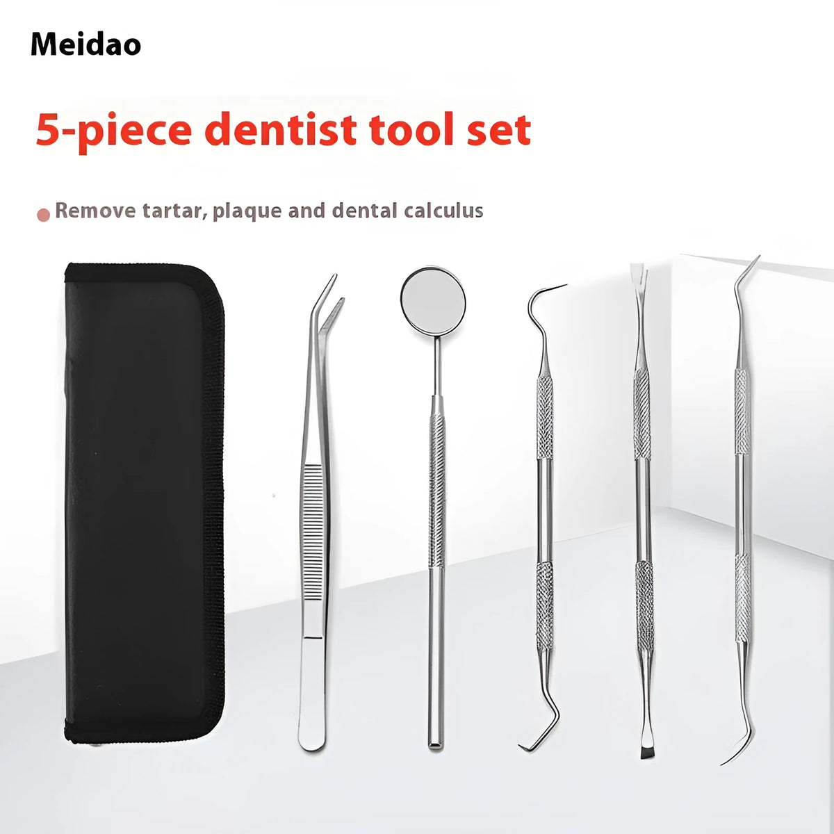 Stainless steel dental tools set with oral mirror in 5 pieces for home tooth care cleaning