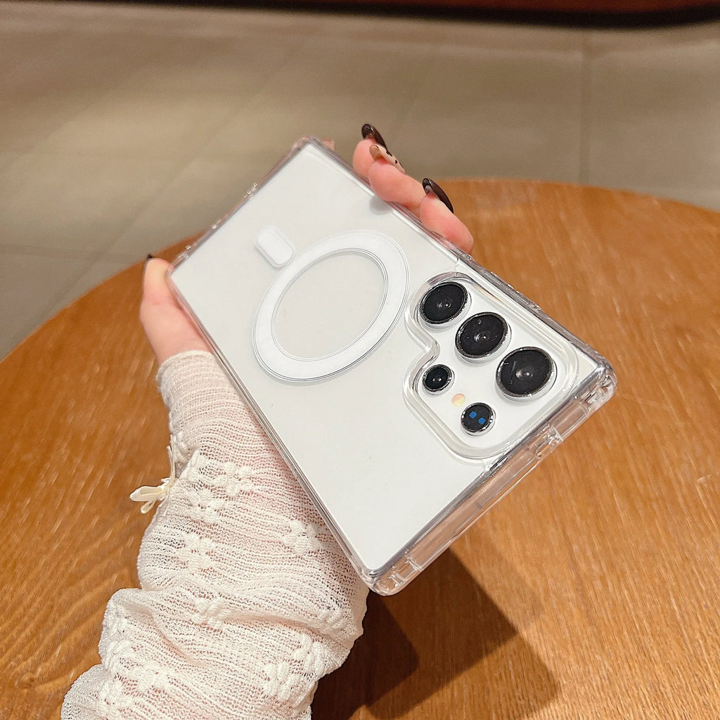 Transparent magnetic silicone phone case for Samsung Galaxy smartphones showing clear protective design