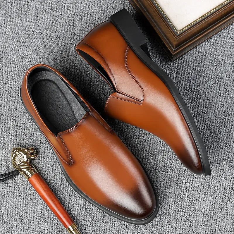 Men's black business casual slip-on shoes with leather upper and rubber sole