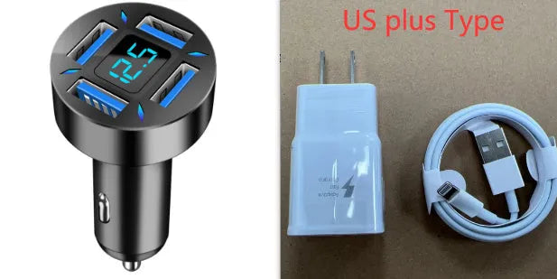 Four-port USB car charger with LED digital voltage display showing 12V.