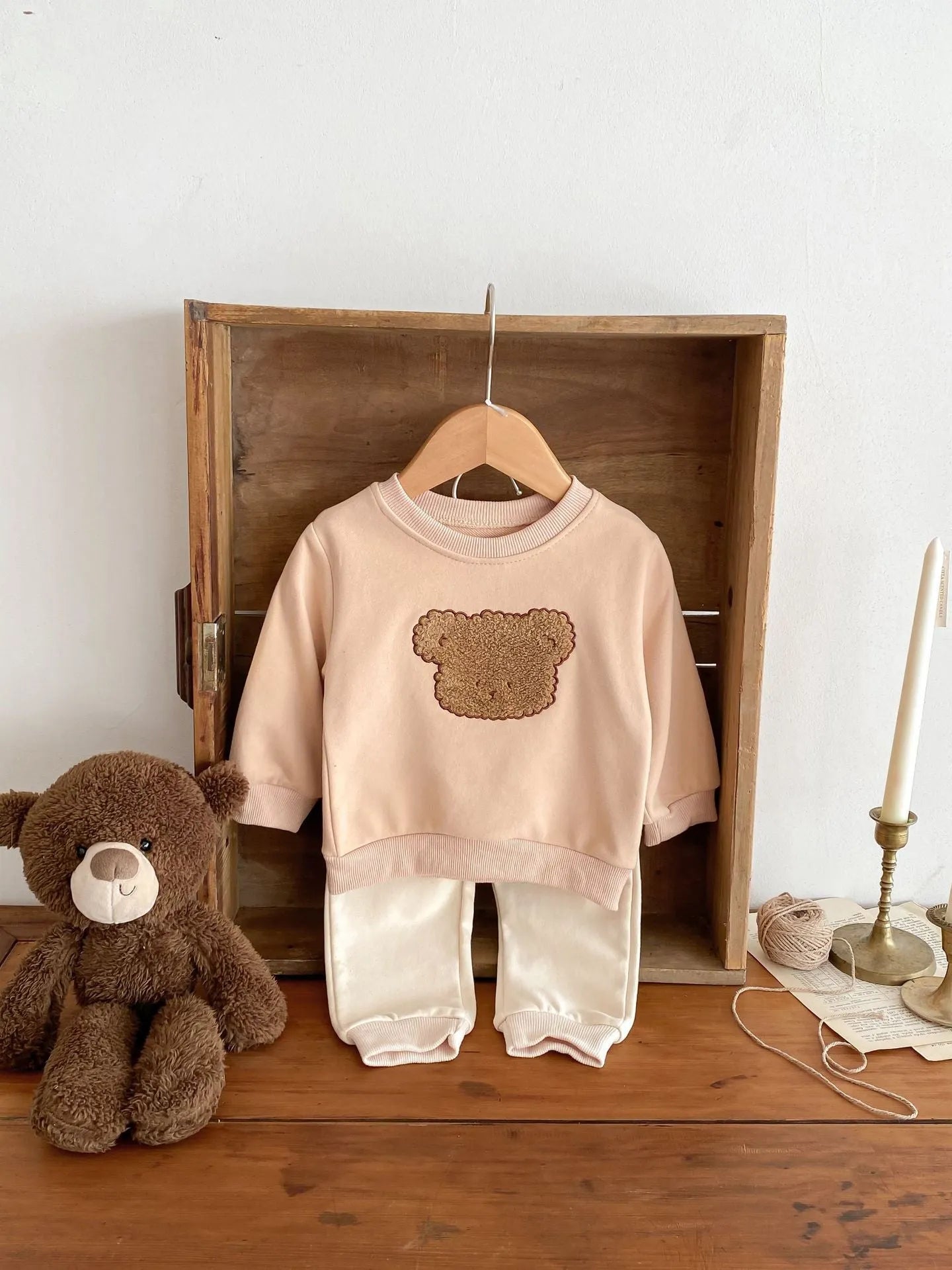 Bear long-sleeved sweater split two-piece suit in khaki with animal pattern for toddlers