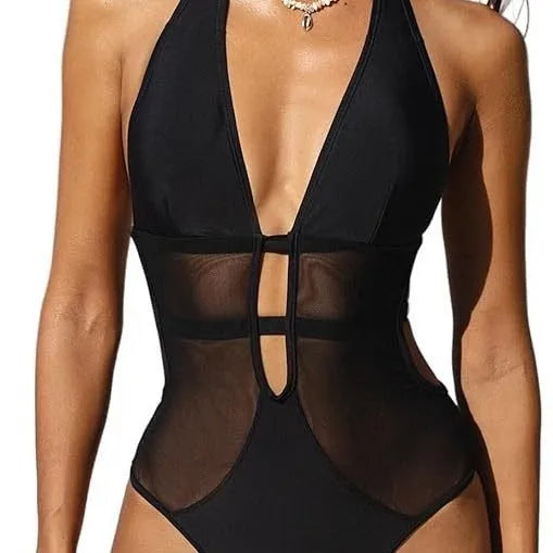 Black women's V-neck one-piece swimsuit with hanging neck mesh detail