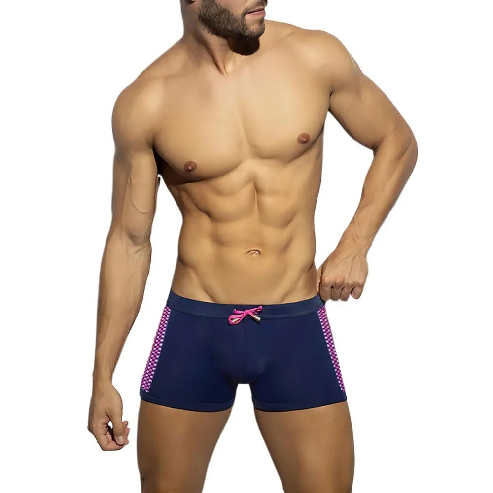 Men's polka dot print swimming boxers in nylon, shown in black, dark blue, and yellow colour options.