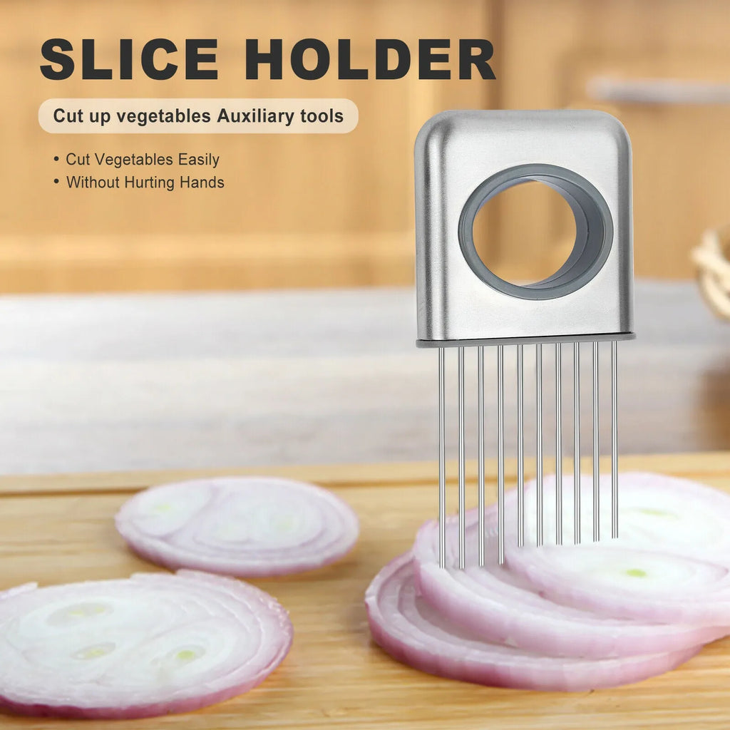 Stainless steel onion holder slicer with sharp prongs and a separate finger guard on a kitchen counter.