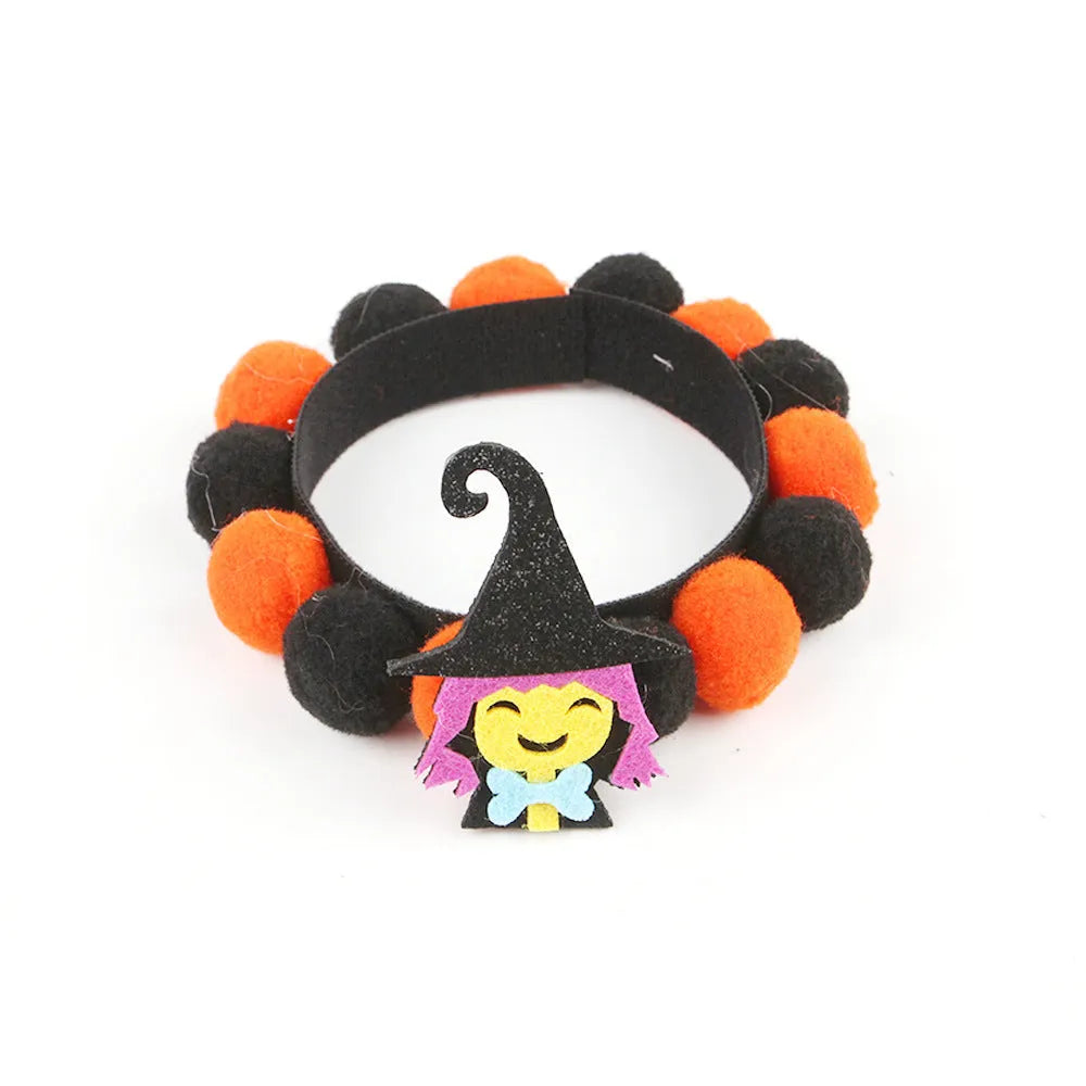 Halloween pet collar with fur ball decoration in pumpkin, pirate, bow, skull and witch designs