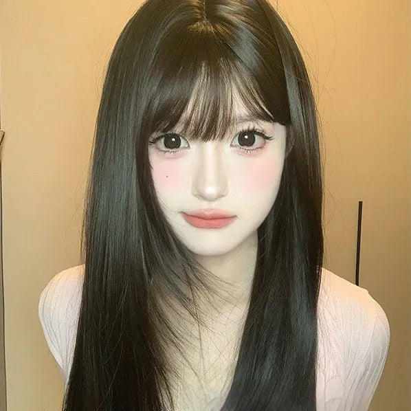 Dark brown long straight wig with full bangs for women with round face shapes