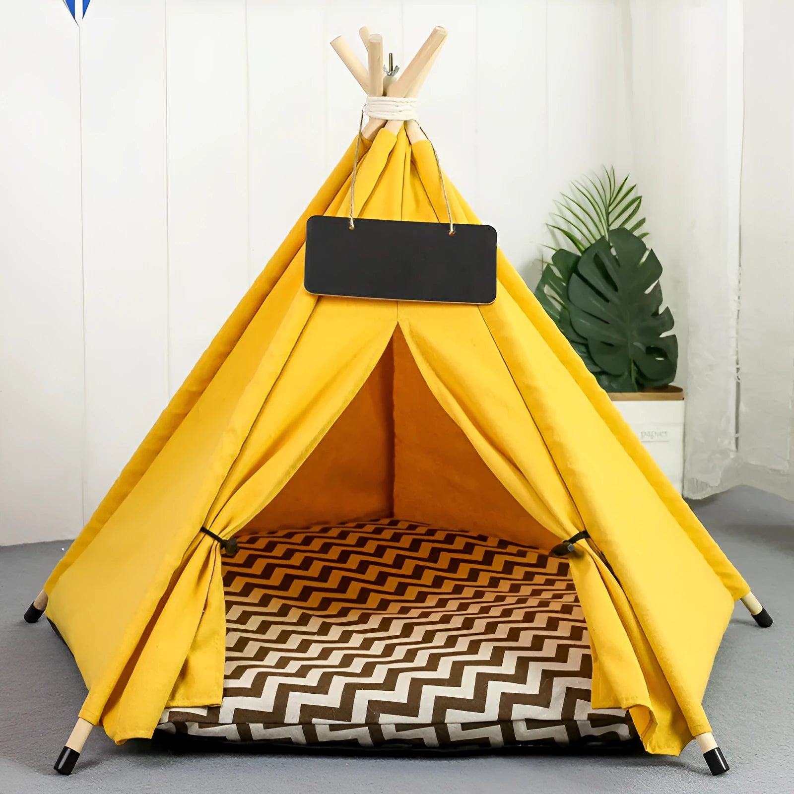 Striped pet teepee tent bed for small dogs or cats with removable cushion in yellow colour