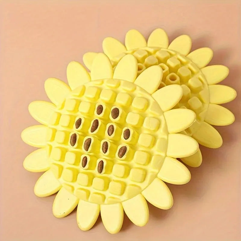 Yellow rubber sunflower-shaped dog chew toy for puppies with textured petals