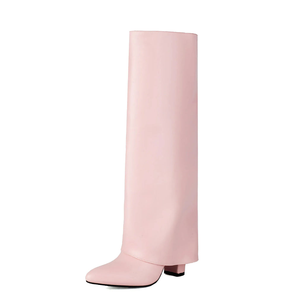 Women's plus size black PU leather knee-high boots with high heel and sewn detail line.