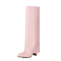 Women's plus size black PU leather knee-high boots with high heel and sewn detail line.