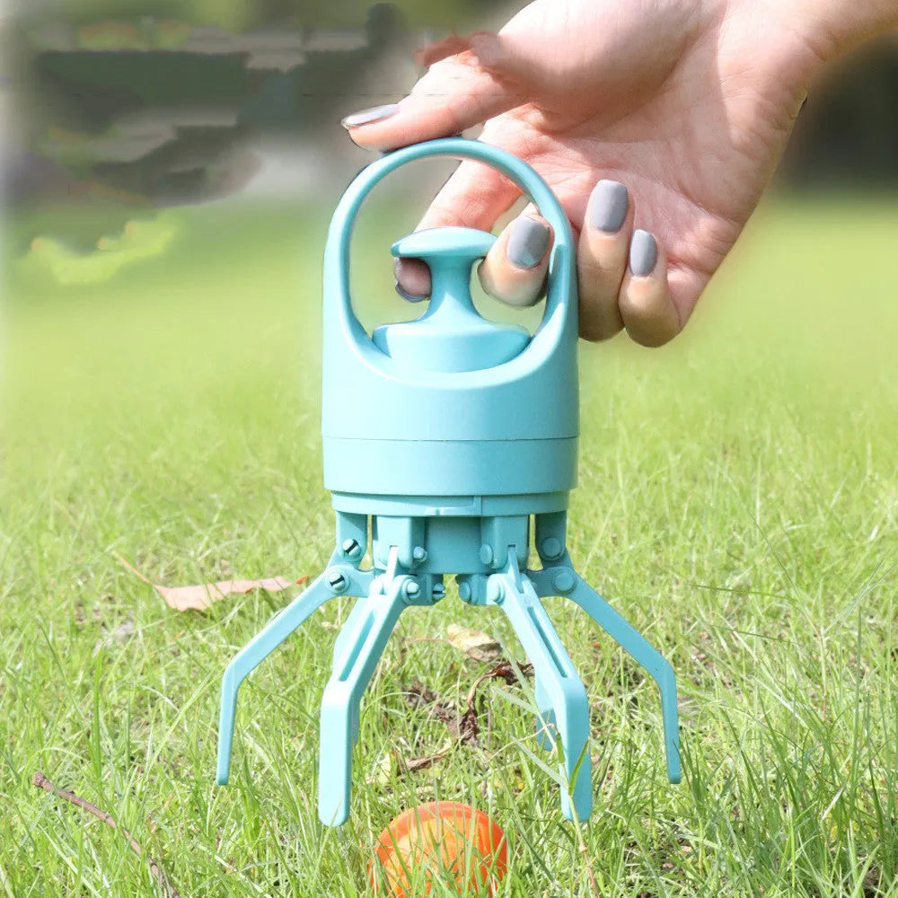 Blue plastic portable dog pooper scooper with built-in bag dispenser and carrying lanyard.