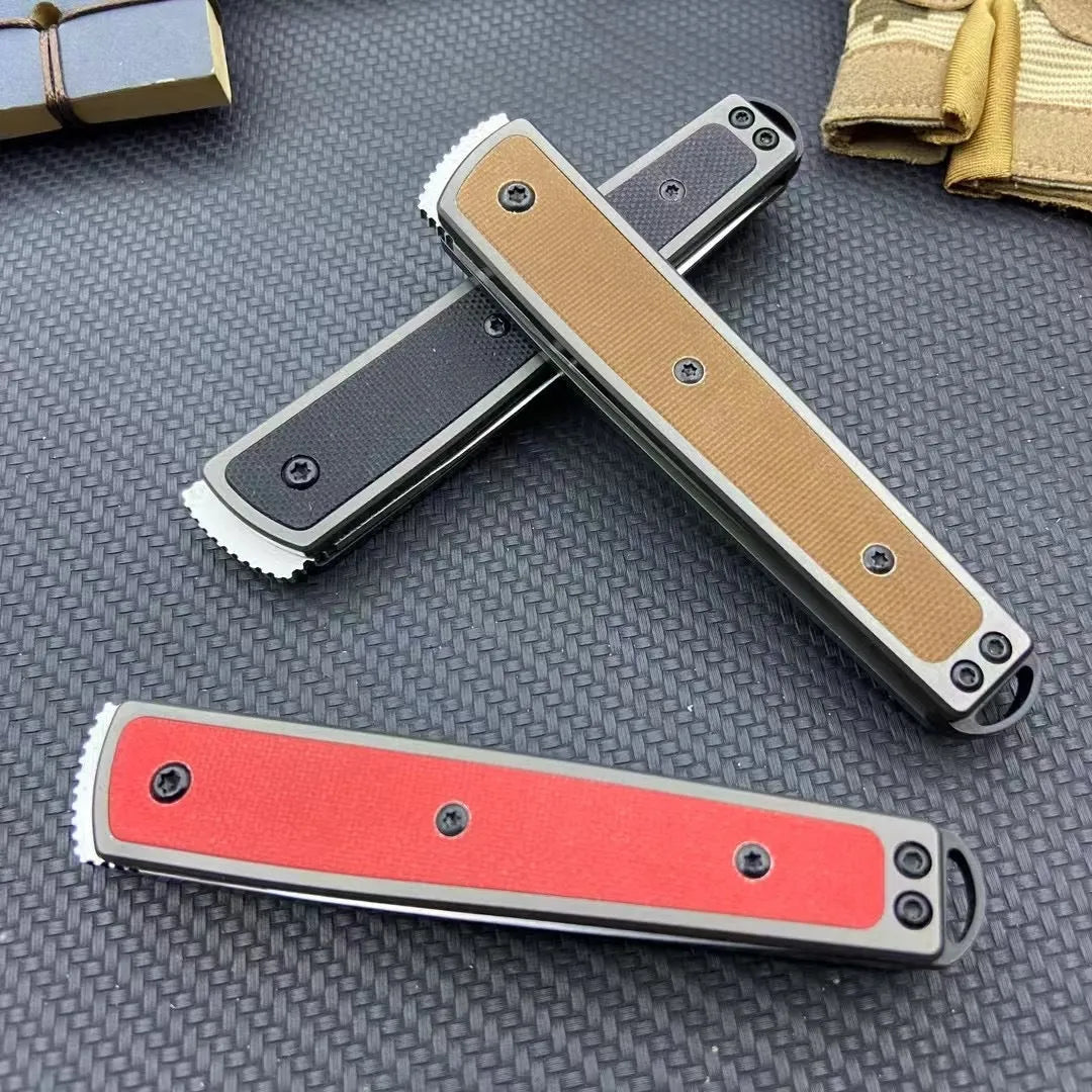 Folding fruit knife with stainless steel blade in black, coffee, or red colour options showing extended and closed positions