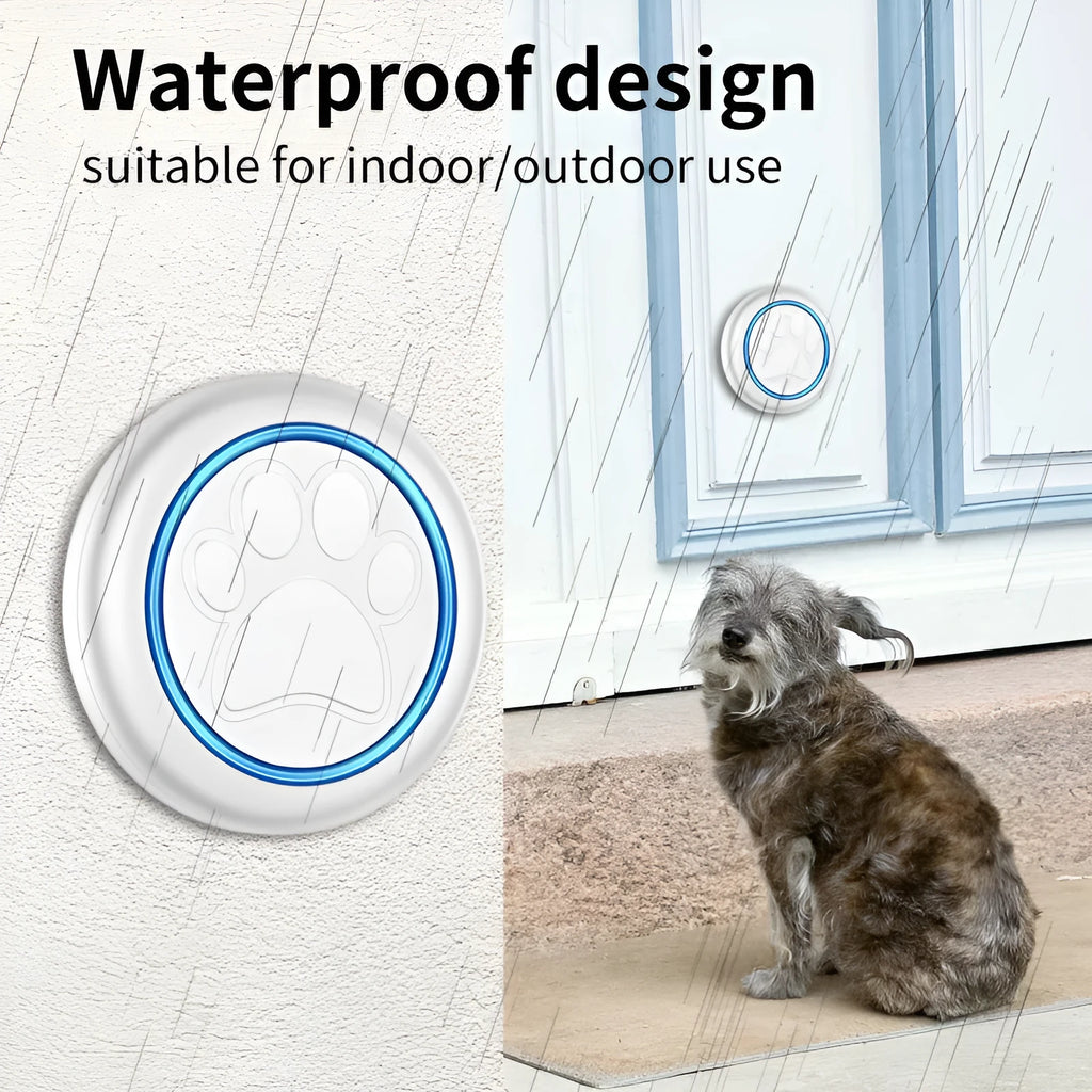 Black and white wireless waterproof pet doorbell with a touch button and plug-in receiver unit.