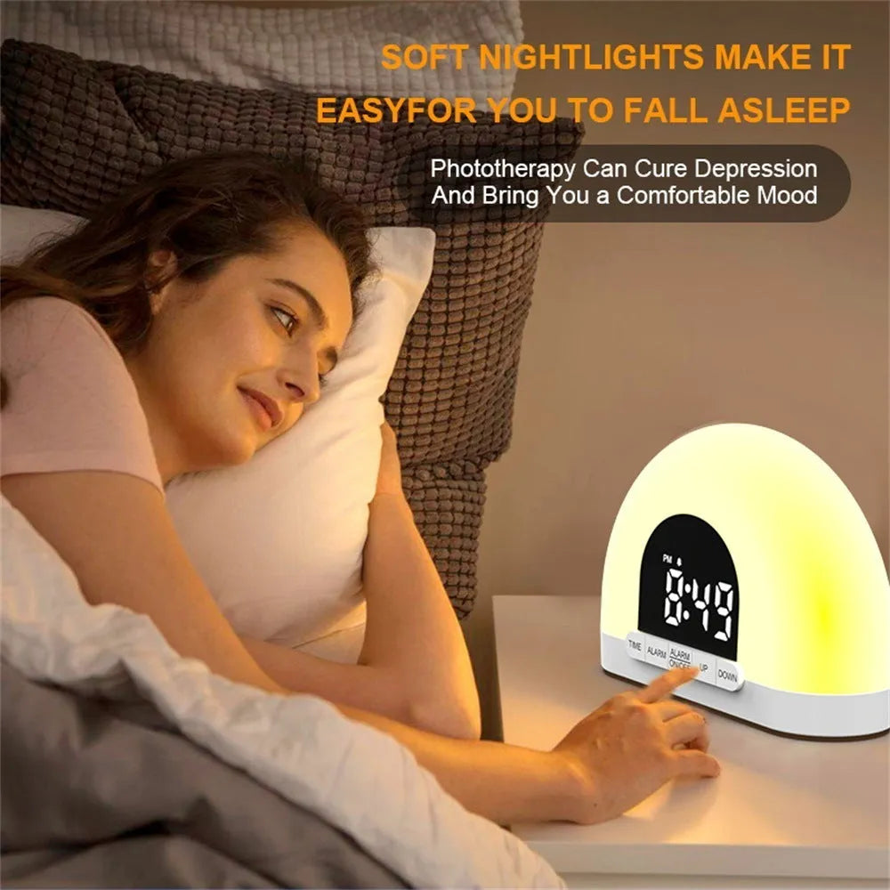 White display simulated sunrise alarm clock with ABS shell and DC cable on a bedside table