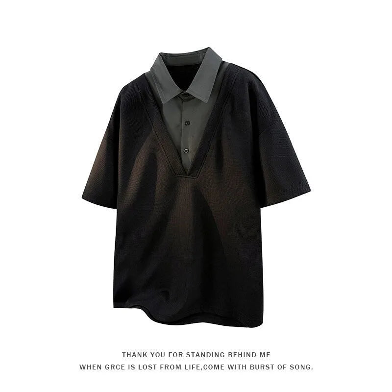 Men's black heavy Henry collar polo shirt sweater made from thin spandex fabric with short sleeves.
