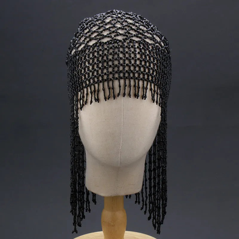 Handmade beaded belly dance performance hat with alloy construction and tassel detailing