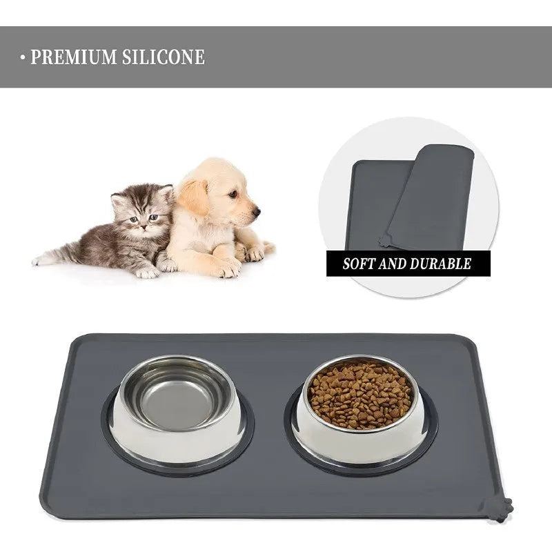 Silicone pet placemat in grey colour under a dog food bowl, showing raised edge.