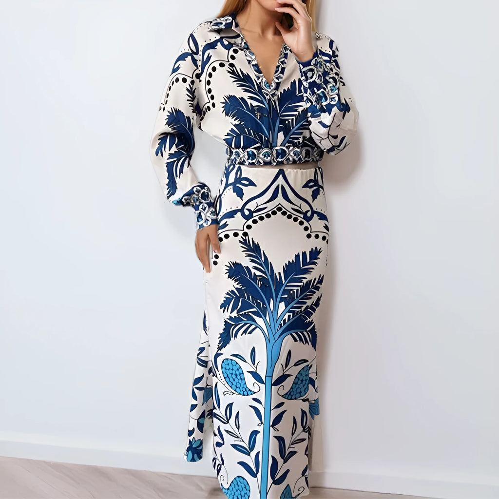 Women's floral print casual two-piece set with a long sleeve top and long skirt for early spring.