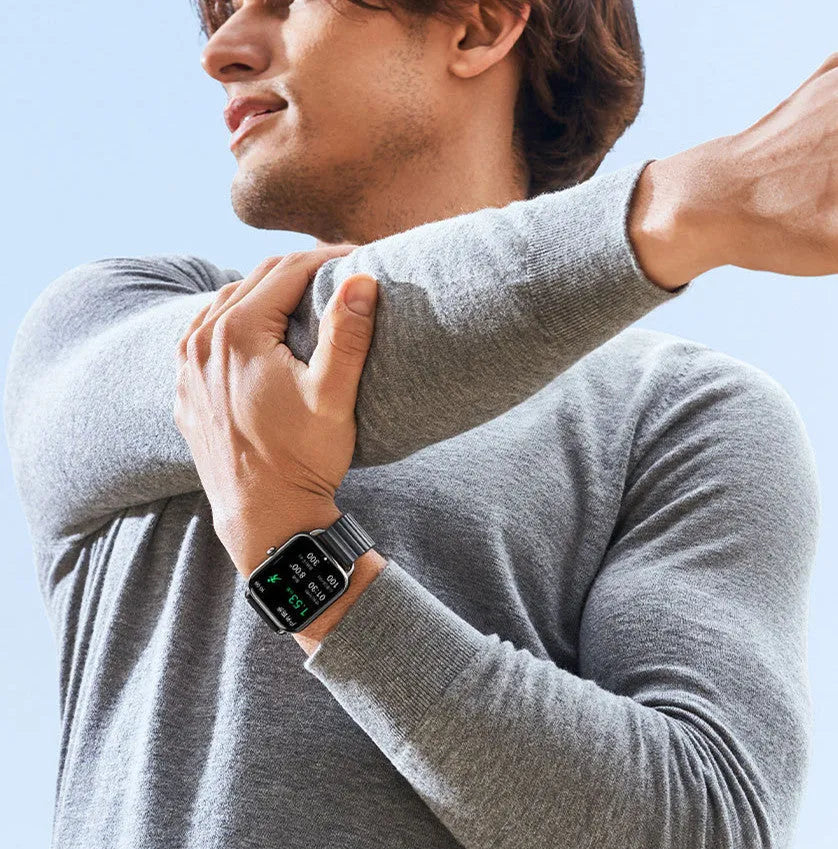 HAYLOU RS4 Plus smartwatch in black with AMOLED display showing fitness stats
