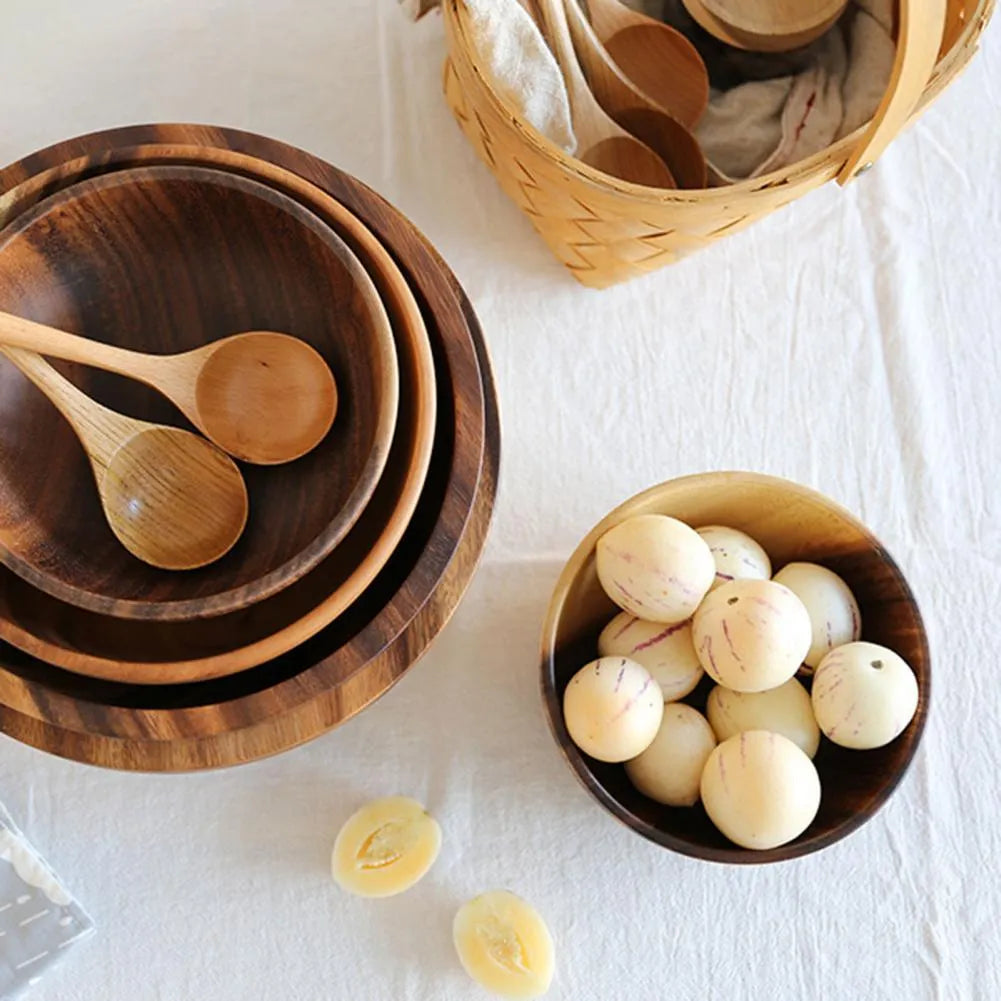 Brown wooden bowl set with natural grain, Japanese design, multiple sizes for kitchen serving