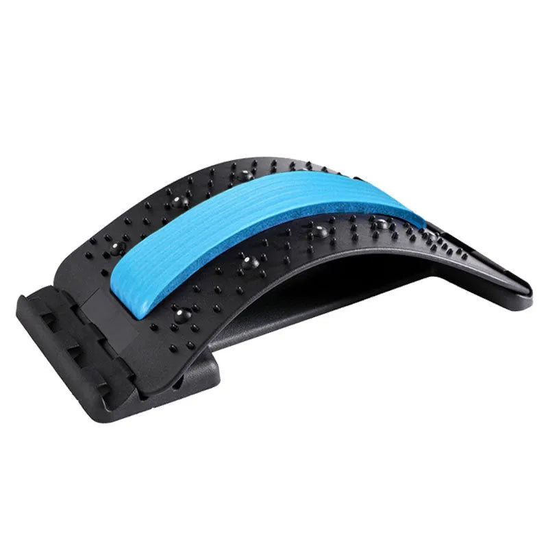 Adjustable back massager stretcher with magnetic therapy points on a black and purple background.