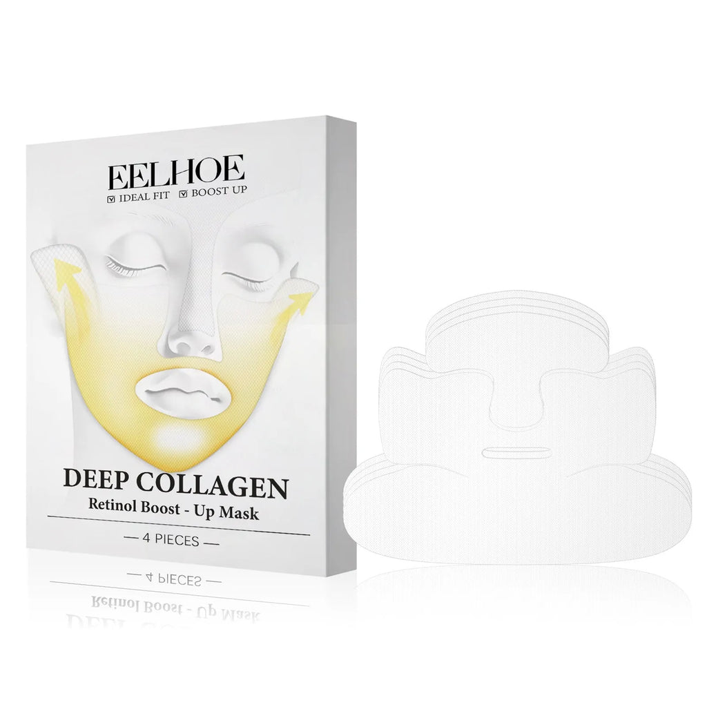Four collagen tightening facial masks showing 23.5 x 16.8 cm dimensions