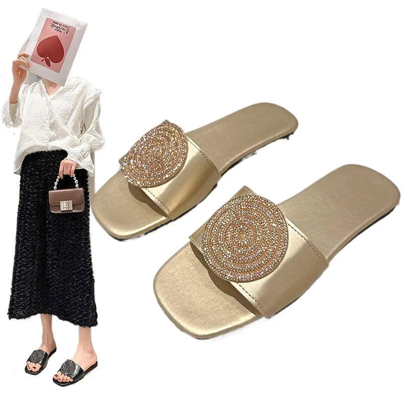 Open toe PU slippers with rhinestone decoration, available in black, white, and gold colours, sizes 36 to 43