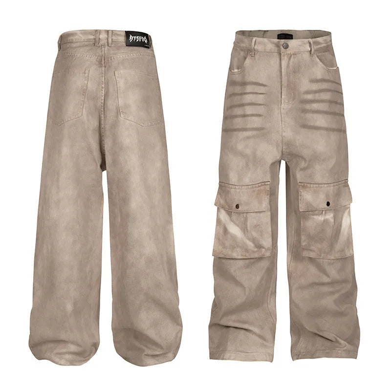 Marble dark loose A-line denim trousers with mid-waist design and zip placket opening