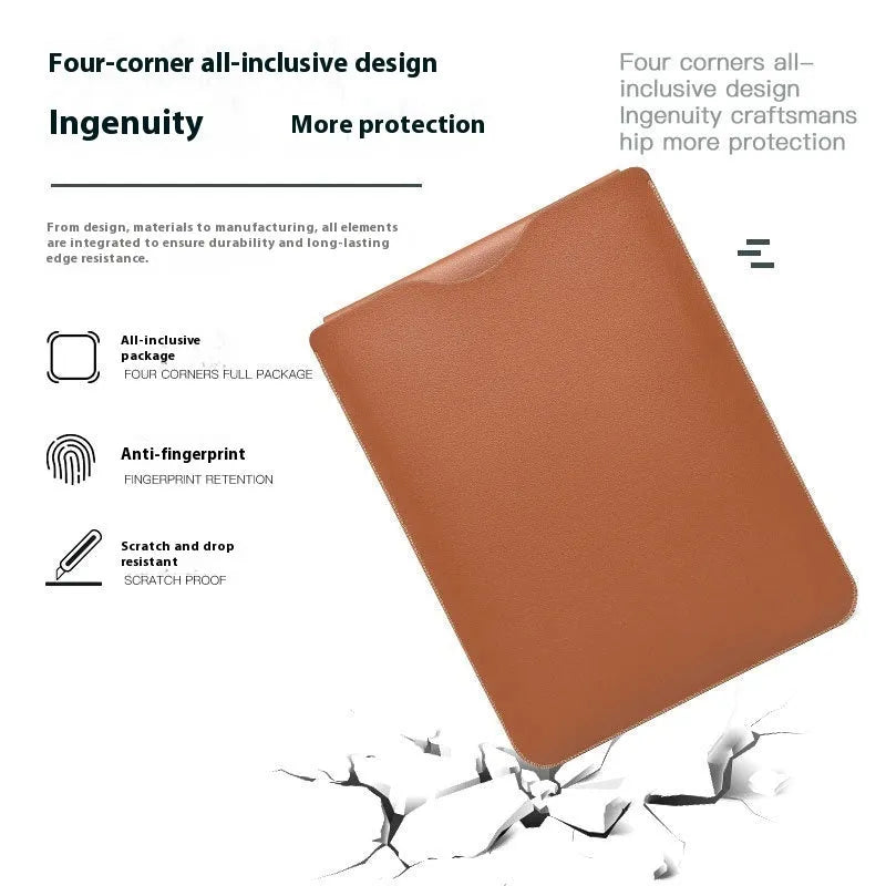 Set of four lock edge imitation leather protective covers for laptops in different colours.
