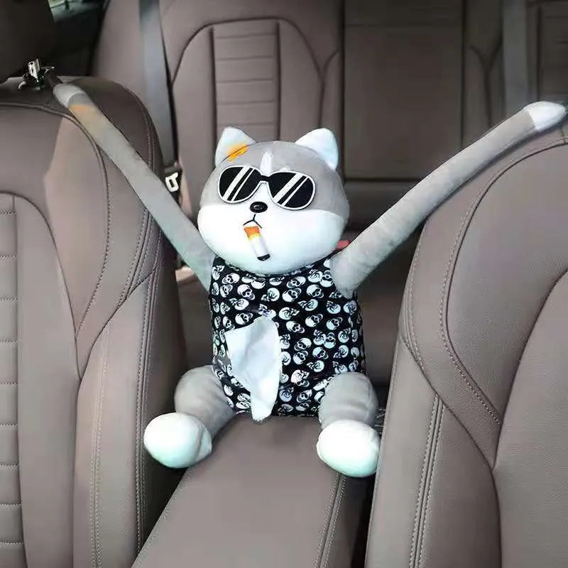 Plush car armrest hanging tissue box with lid, Captain Dog model, size 26x35cm