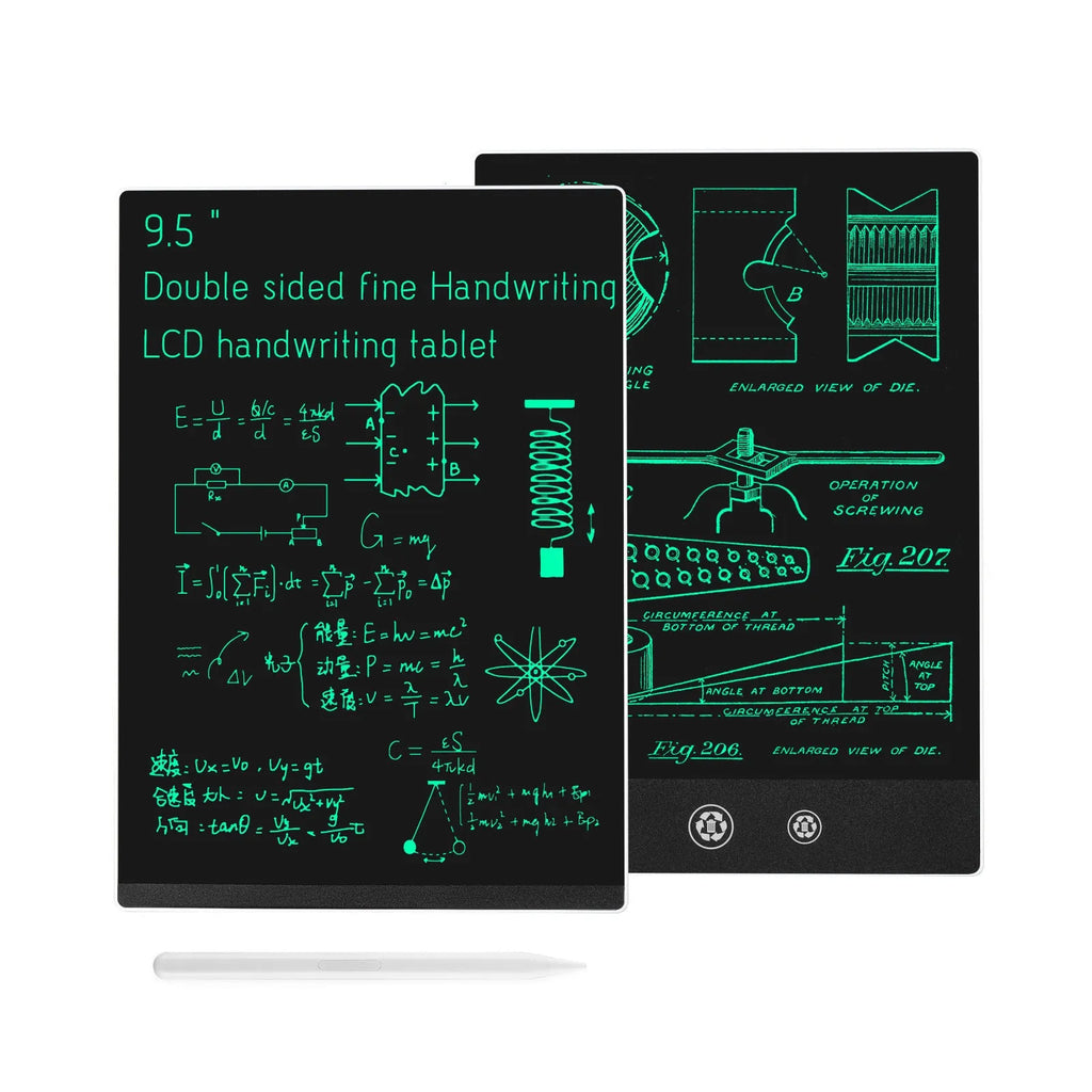 Single colour double-side LCD handwriting board 9.5 inch in white with pen on surface