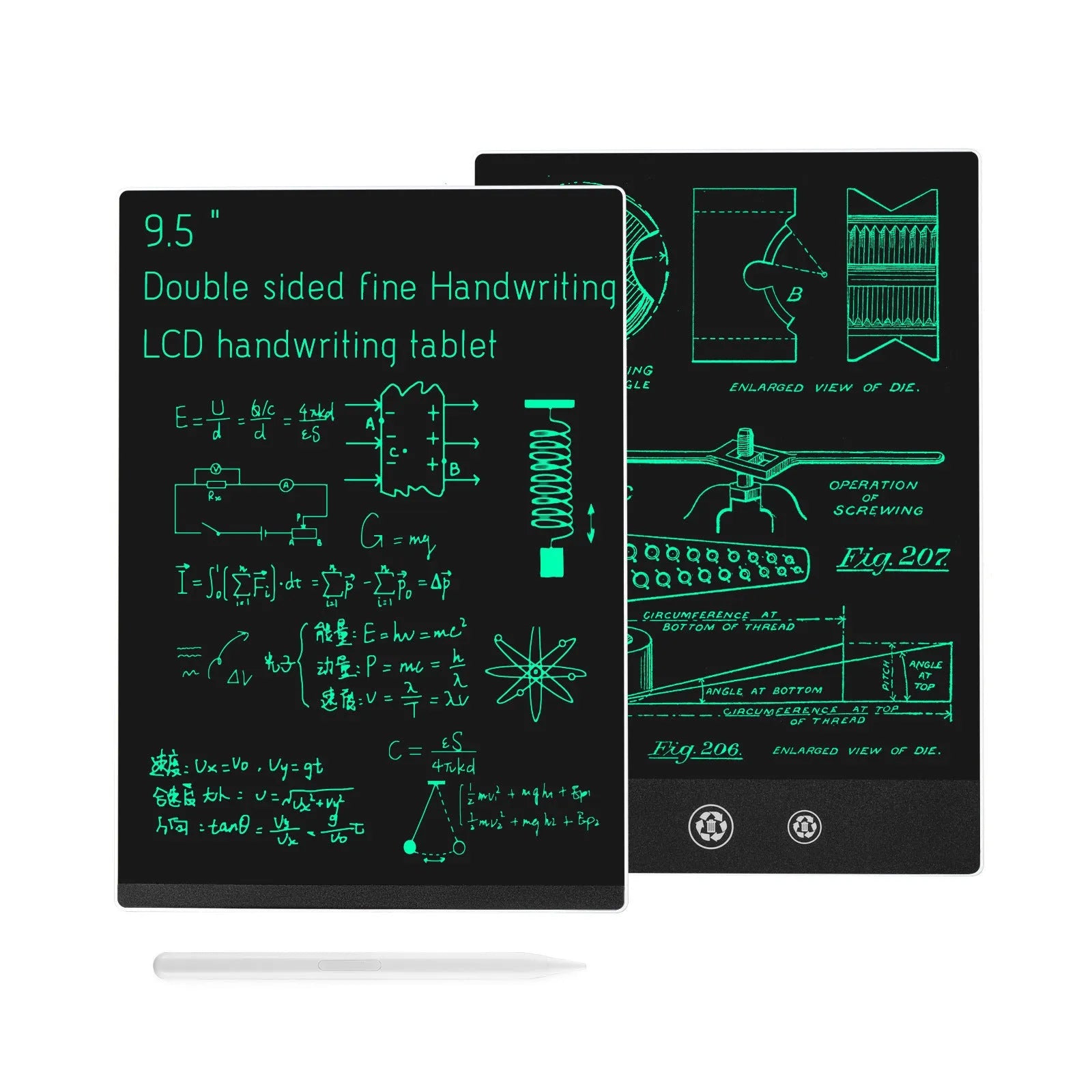 Single colour double-side LCD handwriting board 9.5 inch in white with pen on surface