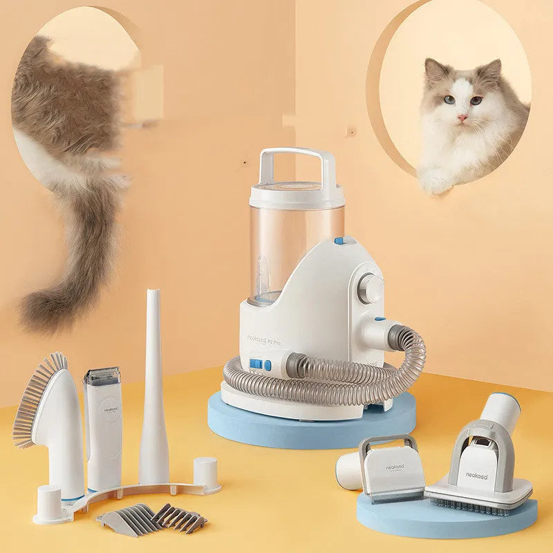 White plastic dog hair clipper and comber vacuum cleaner with electric shear, combs and five roughing calipers, 208 x 268 x 365mm